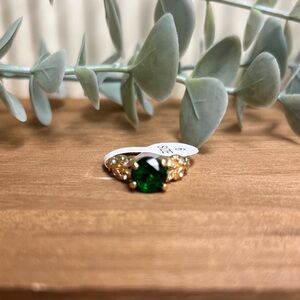 Gold CZ Ring with Emerald Green Center Stone